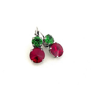 Holiday Two Stone Holly Berry Crystal Earrings 8mm and 12mm / Antique Silver / Christmas Earrings / Festive Red and Green