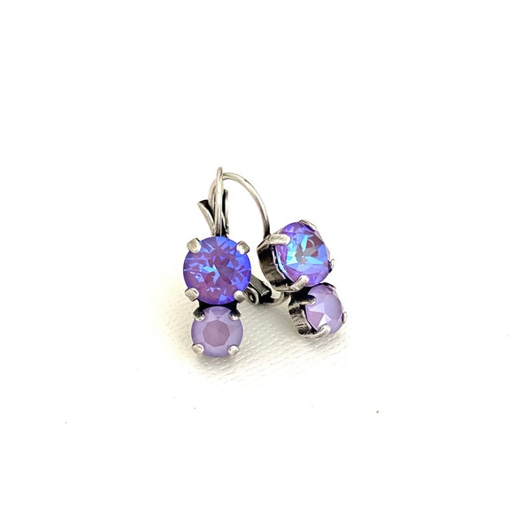 Purple AB Crystal Drop Dangle Earrings / Antique Silver / 8mm and 6mm / Two Stone / Double Earrings / AB Iridescent