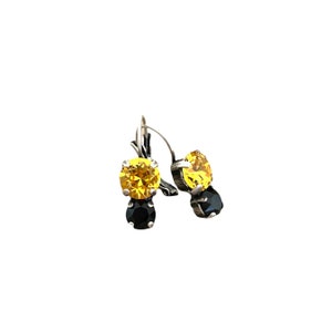 Black and Yellow Two Stone Drop Dangle Crystal 8mm & 6mm Earrings / Antique Silver / Black and Gold / Pittsburgh Jewelry