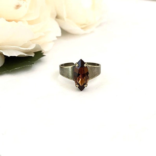 Crystal Smoked Topaz Marquise Adjustable Ring ~ Antique Brass ~ Minimalist ~ Brown Crystal ~ Navette ~ Gifts for Her