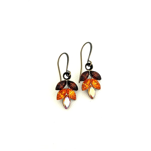 Petite Fall Leaves Crystal Earrings / Antique Brass Setting / Dark Brown, Orange and AB / Sparkle