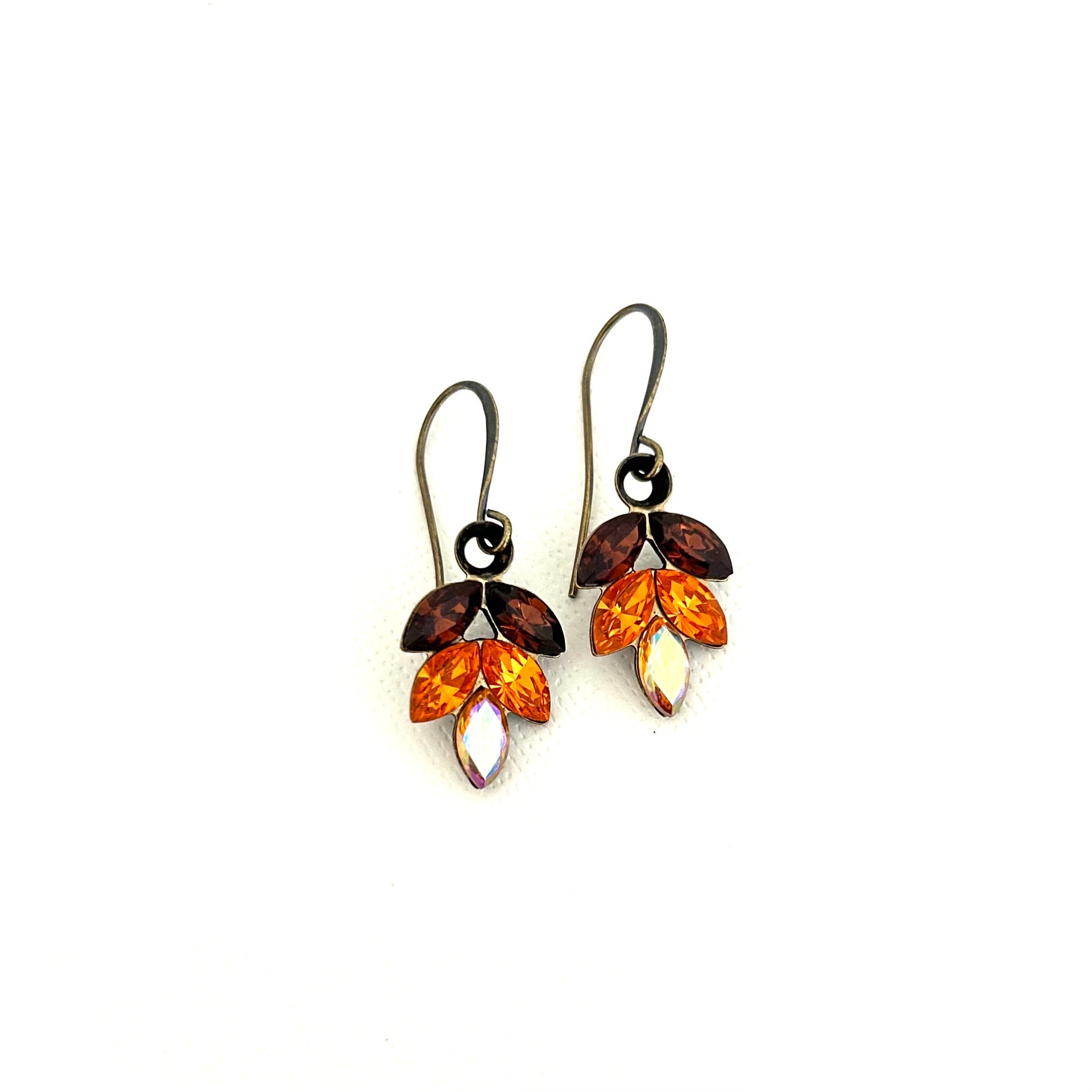 Petite Fall Leaves Crystal Earrings / Antique Brass Setting / Dark Brown, Orange and AB / Sparkle