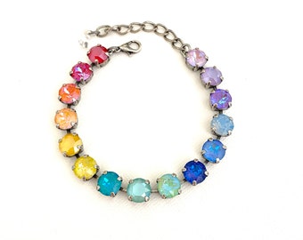 New Vibrant Rainbow Ombré 8mm Crystal Bracelet / Antique Silver / Adjustable Setting / Multi Color / AB Crystals
