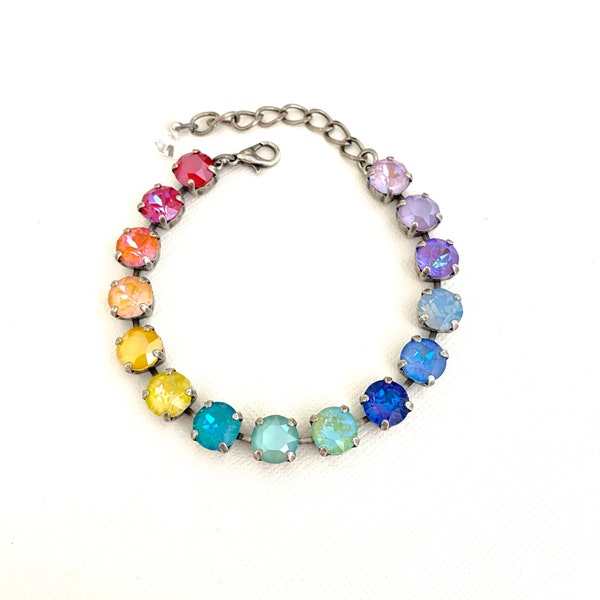 New Vibrant Rainbow Ombré 8mm Crystal Bracelet / Antique Silver / Adjustable Setting / Multi Color / AB Crystals