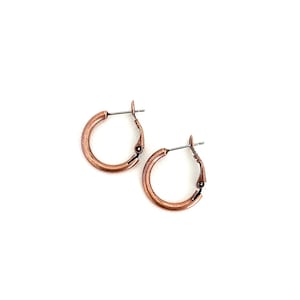 May include: A pair of copper hoop earrings with a hinged closure.