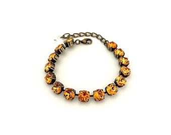 Dark Orange / Pumpkin / 8mm Austrian Crystal Bracelet / Antique Brass / Burnt Orange Spice / Autumn Fall Sparkle