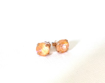 Peach Delite Austrian Crystal / 8mm Stud Earrings / Post / Peach Delite AB / Rose Gold Setting
