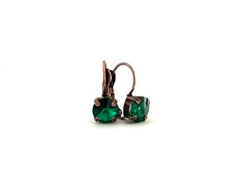 Sparkling Green 8mm Austrian Crystal Earrings / Antique Copper / Shamrock Green Sparkle / St. Patrick's Day / Majestic