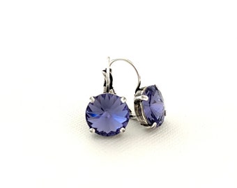 Purple Tanzanite 12mm Round Crystal Earrings / Antique Silver / Lever Back Drop Earrings