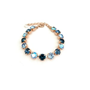 Blue Tone Austrian Crystal 8mm Bracelet / Rose Gold / Denim, French Blue, Light Blue and Rare Light Sapphire Shimmer / Adjustable