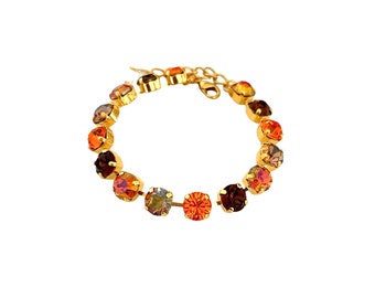 Pumpkin Patch Crystal 8mm Bracelet / Gold Adustable Setting / Orange, Brown AB, Rust / Fall and Autumn Sparkle