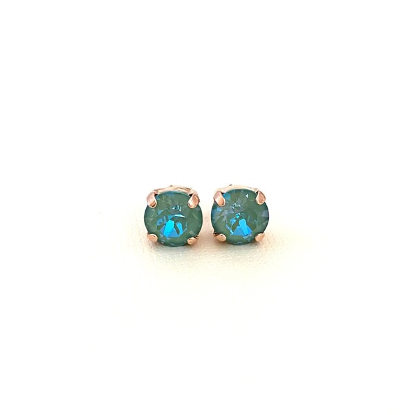 Iridescent Silky Sage Delite 8mm Stud Post Crystal Earrings / Rose Gold / Green Earrings