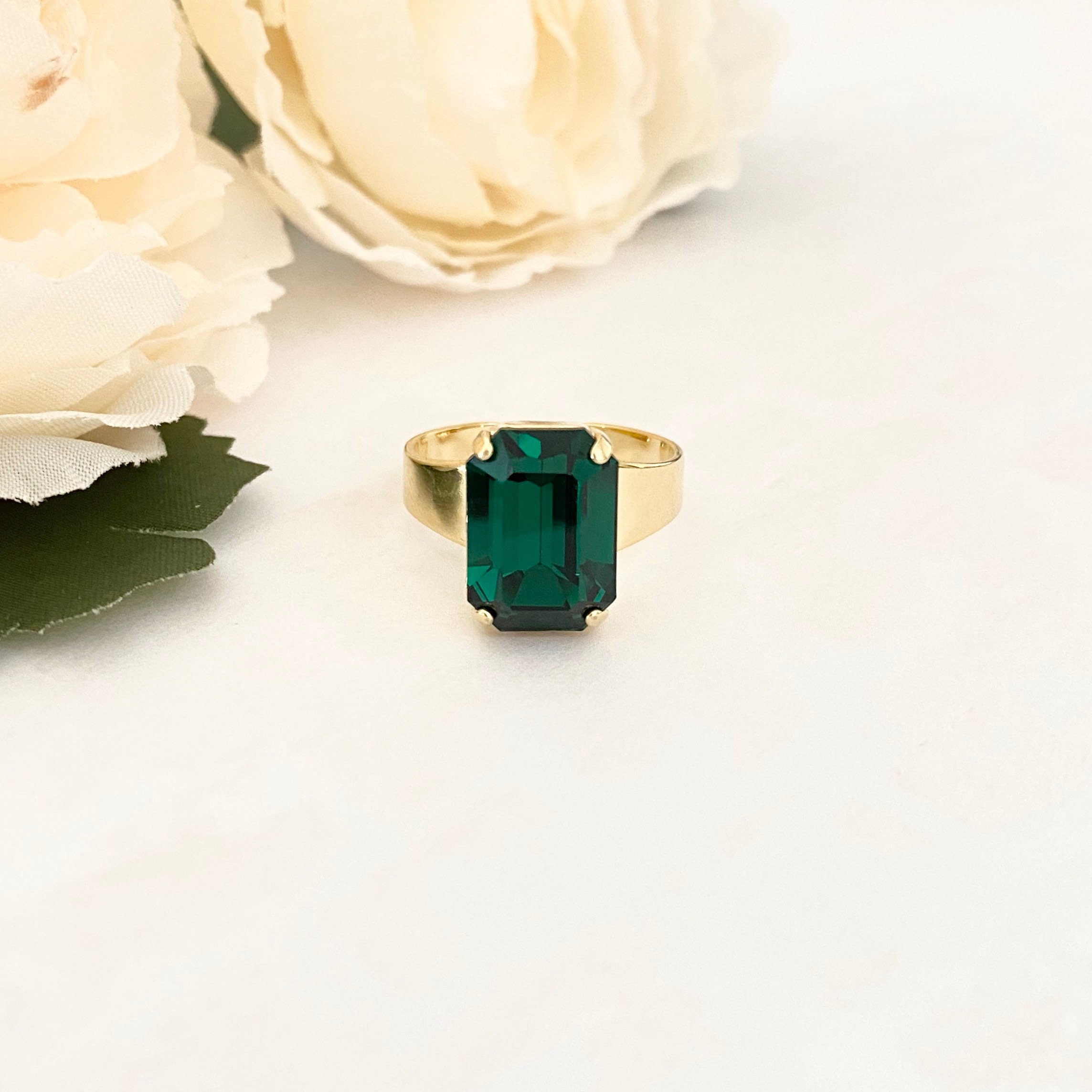 Swarovski Crystal Emerald Green Octagon Ring Light Gold Etsy