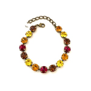 Fall Day 8mm Crystal Bracelet / Red, Topaz, Brown and Yellow / Antique Brass / Autumn Sparkle