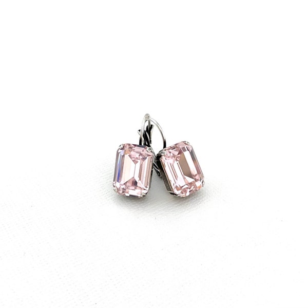 Softest Pale Pink 14mm Crystal Earrings / Antique Silver / Rectangle / Ice Pink / Drop Earrings / Magnolia Pink