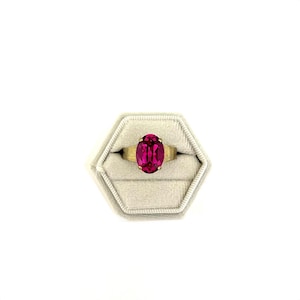 Fuchsia Hot Pink 14mm Austrian Crystal Oval Statement Ring / Adjustable / Antique Brass / Magenta Sparkle