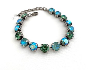 Erinite Mix 8mm Crystal Bracelet / AB Erinite Shimmer / Soft Silky Sage / Antique Silver Setting