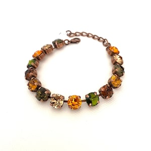 Fall Leaves 8mm Austrian Crystal Bracelet / Adjustable Antique Copper Setting / Fall and Autumn Jewelry / Olive Pumpkin Topaz