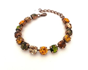 Fall Leaves 8mm Austrian Crystal Bracelet / Adjustable Antique Copper Setting / Fall and Autumn Jewelry / Olive Pumpkin Topaz