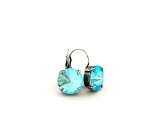 Sparkling Light Turquoise Shimmer 12mm Round Crystal Drop Earrings / Antique Silver / Blue AB / Rare