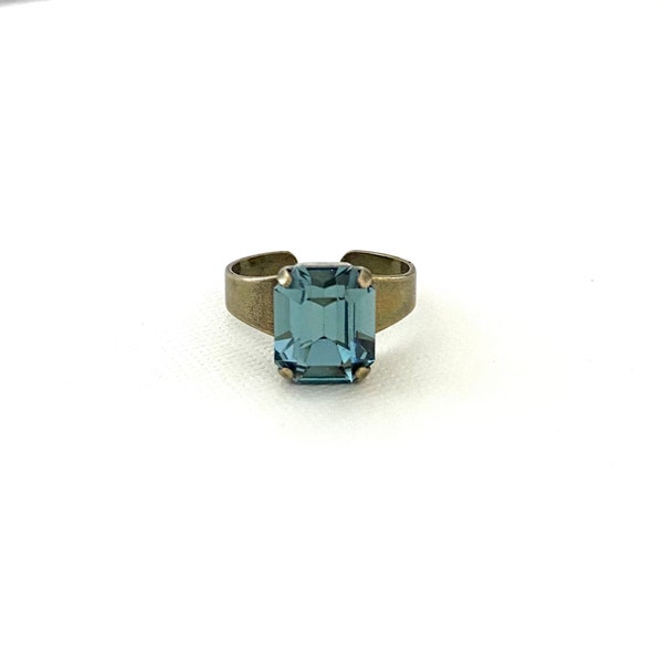 Rare Retired Indian Sapphire Crystal 12mm Ring / Antique Brass / Bronze / Blue Ring  / Adjustable / Octagon