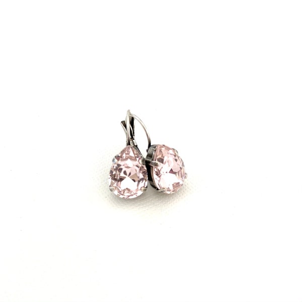 Softest Pale Pink 14mm Crystal Teardrop Earrings / Antique Silver / Pear Shape / Ice Pink / Drop Earrings / Magnolia Pink