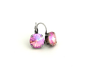 Sparkling Rose Peach GB Glacier Blue 12mm Crystal Earrings / AB Sparkle / Antique Silver / Pink Peach Rainbow