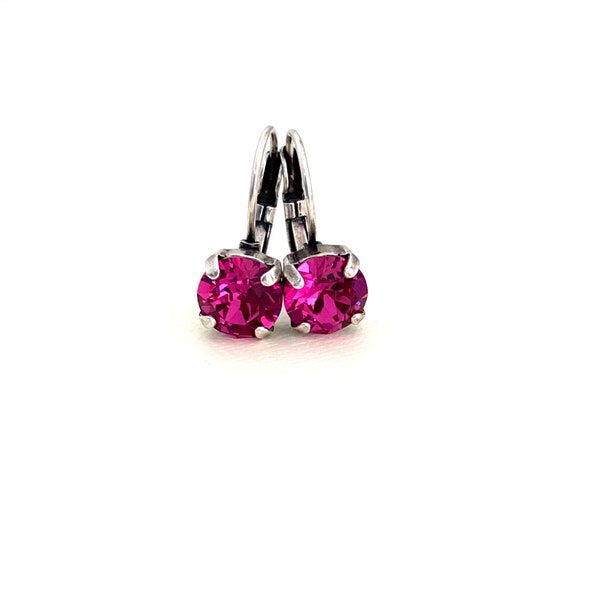 Fuchsia Hot Pink Crystal 8mm Drop Dangle Earrings / Antique Silver / Antique Silver / Magenta