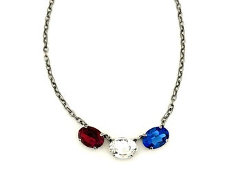Americana Red White and Blue 18mm Crystal Necklace / Oval Crystals / Antique Silver / USA Patriotic Bling / Sparkle