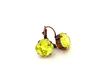 Summer Citrus Lime Green 12mm Crystal Drop Earrings / Antique Copper / Cushion Cut / Yellow Green / Retro Color