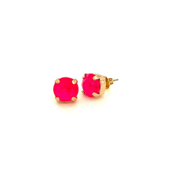 Neon Hot Electric Pink Crystal Stud Earrings / Rose Gold / 8mm Crystals / 90's / Simple Studs