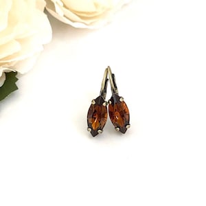 Crystal Smoked Topaz Marquise Drop Earrings * Dangle Earrings * Brown Crystal * Navette * Antique Brass * Gifts for Her