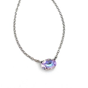Unicorn Bling 18mm Crystal Necklace / Oval Single Crystal Statement Sparkle / Antique Silver / AB Rainbow / Light Vitrail Sparkle