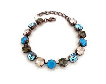 Blue Brown 8mm Crystal Bracelet / Adjustable Antique Copper / Neutral / Gifts under 30 / Ivory / Smoked Brown and Cool Blue