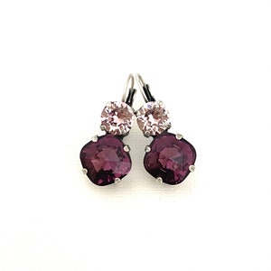Amethyst 12mm and 8mm Cushion Cut Earrings / Austrian Crystal / Antique Silver / Two Stone / Plum / Purple Earrings / Light Amethyst