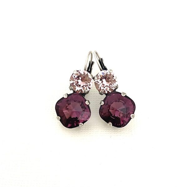 Amethyst 12mm and 8mm Cushion Cut Earrings / Antique Silver / Two Stone / Plum / Purple Earrings / Light Amethyst