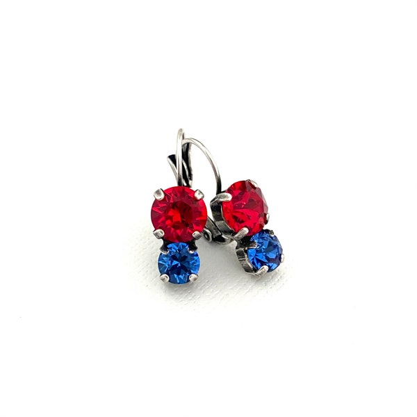 Red and Blue Crystal Drop Earrings / 8mm and 6mm Dangle  / Sapphire / Light Siam / USA / Patriotic Jewelry / Buffalo Bills / Antique Silver