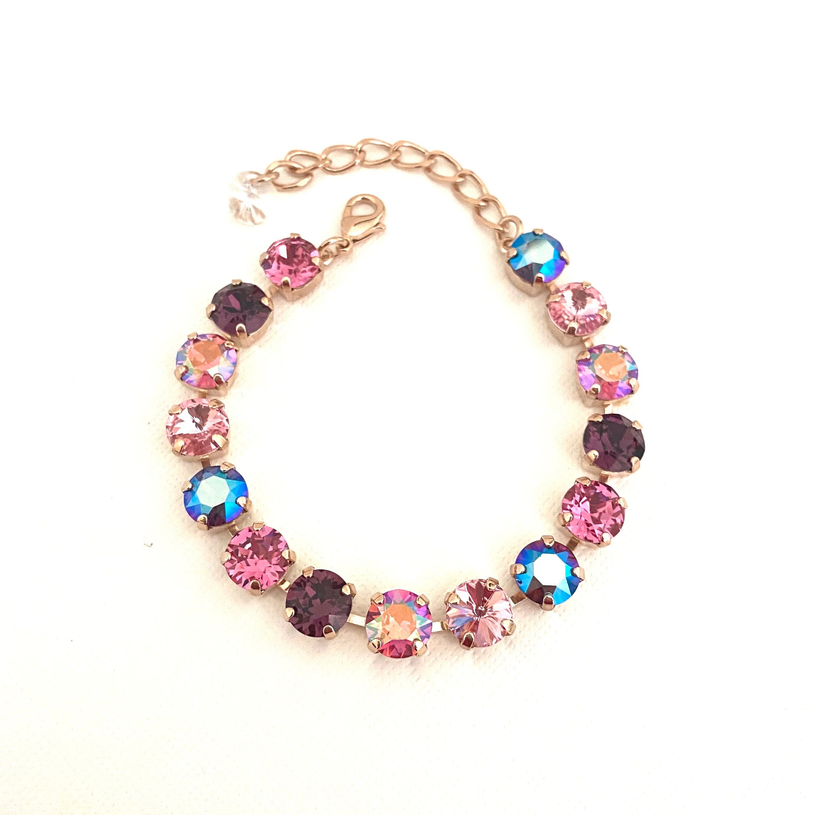 Iridescent Rose AB and Amethyst AB 8mm Mix Crystal Bracelet  Rose Gold Setting  Pink and Purple Bracelet