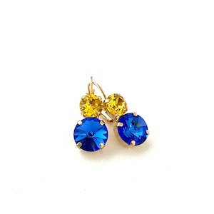 Two Stone Blue and Yellow Pittsburgh Colors Crystal Earrings / Pittsburgh /  Blue and Gold Yellow / 8mm / 12mm ~ Gold Setting