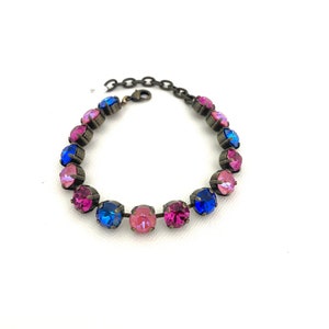 Majestic Blue and Magenta Pink 8mm Crystal Bracelet / Iridescent Lotus Pink Delite / Royal Blue / Fuschia / Antique Brass /