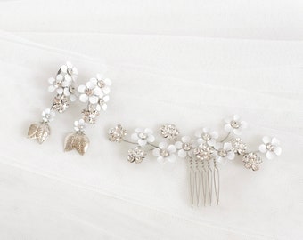 SYLPH [Set of 2] White little blanche hair comb + earrings set, wedding and special occasion.
