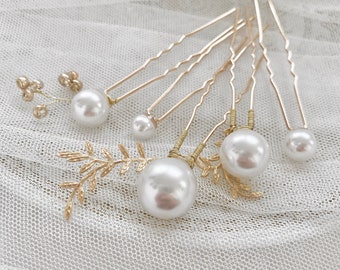SYLPH Pearl with golden leaf bridal hair pin for Wedding/SpecialOccasion