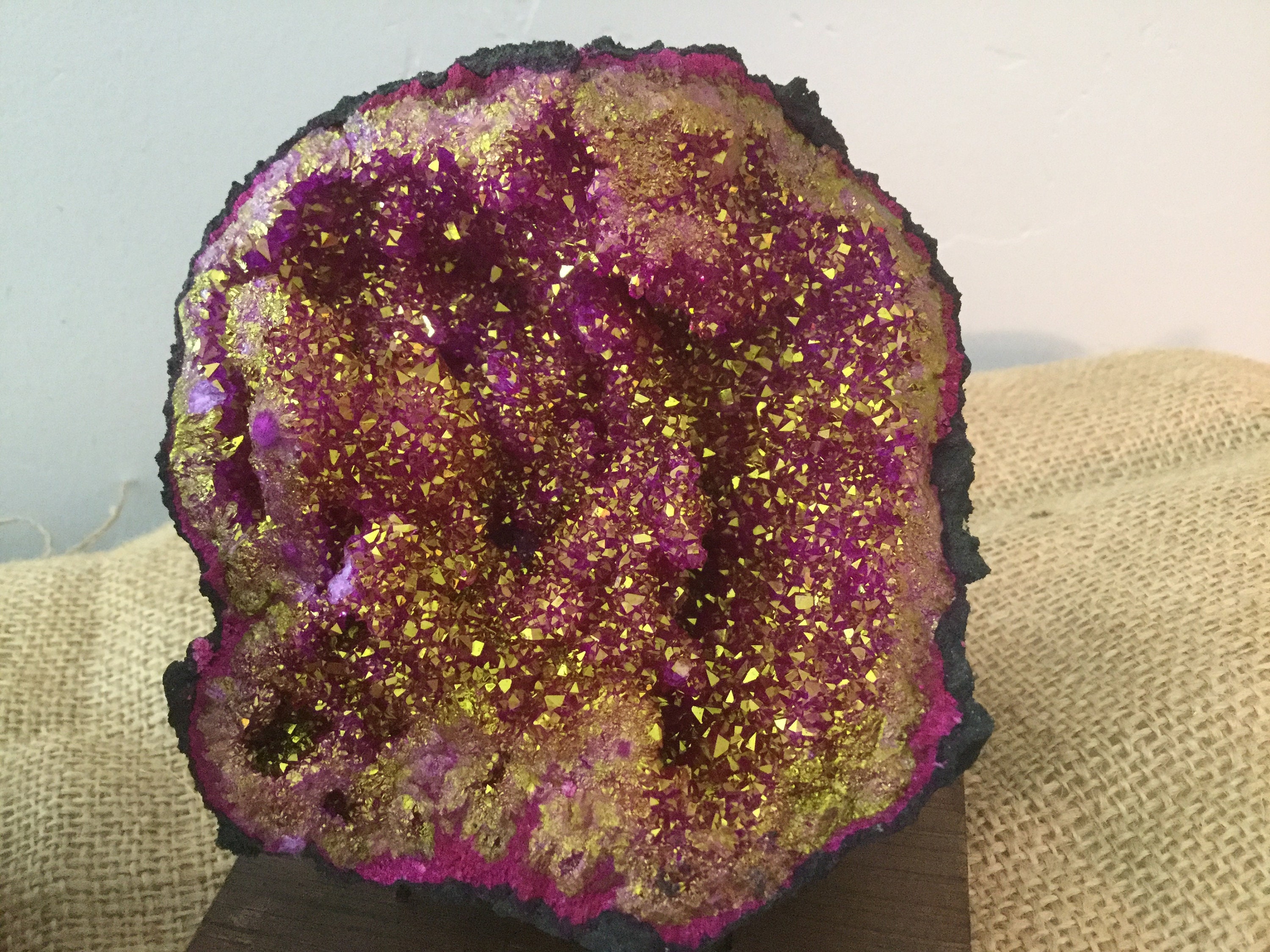 Black Geode with Neon Pink and Gold Sparkle Cavity inside. Etsy