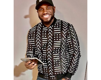 Mudcloth Print Bomber Jacket / Afrocentric Bomber Jacket/ African Jacket/ Casual Jacket/ Fall coat/ Afrocentric Streetwear / Gift for him