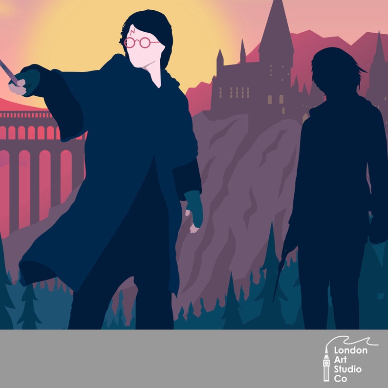 May include: Silhouette of two figures in front of a castle, one holding a wand, against a sunset background. The castle has a pointed roof and multiple windows. The figures are wearing dark clothing and are standing on a rocky terrain.