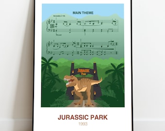 Jurassic Park movie poster, music score wall art, Main Theme, high quality print, film music, 1993 movie, minimalist art