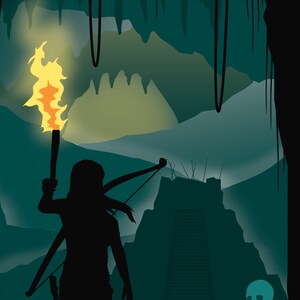 Puede incluir: Una silueta de una persona que sostiene una antorcha y un arco y flechas, caminando hacia una estructura de piedra en una cueva oscura. La antorcha est&aacute; encendida y proyecta un brillo c&aacute;lido sobre la persona y el &aacute;rea circundante.