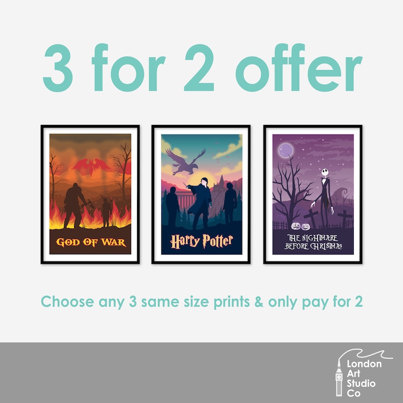 May include: Three framed prints with a 3 for 2 offer. The prints feature a silhouette of Kratos from God of War, Harry Potter, and Jack Skellington from The Nightmare Before Christmas. The text "Choose any 3 same size prints & only pay for 2" is below the prints.