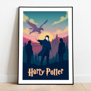 May include: A digital illustration of Harry Potter, Ron Weasley, and Hermione Granger standing in front of Hogwarts castle. The sky is a vibrant pink and blue with a silhouette of a phoenix flying overhead. The text "Harry Potter" is printed in orange at the bottom of the image.