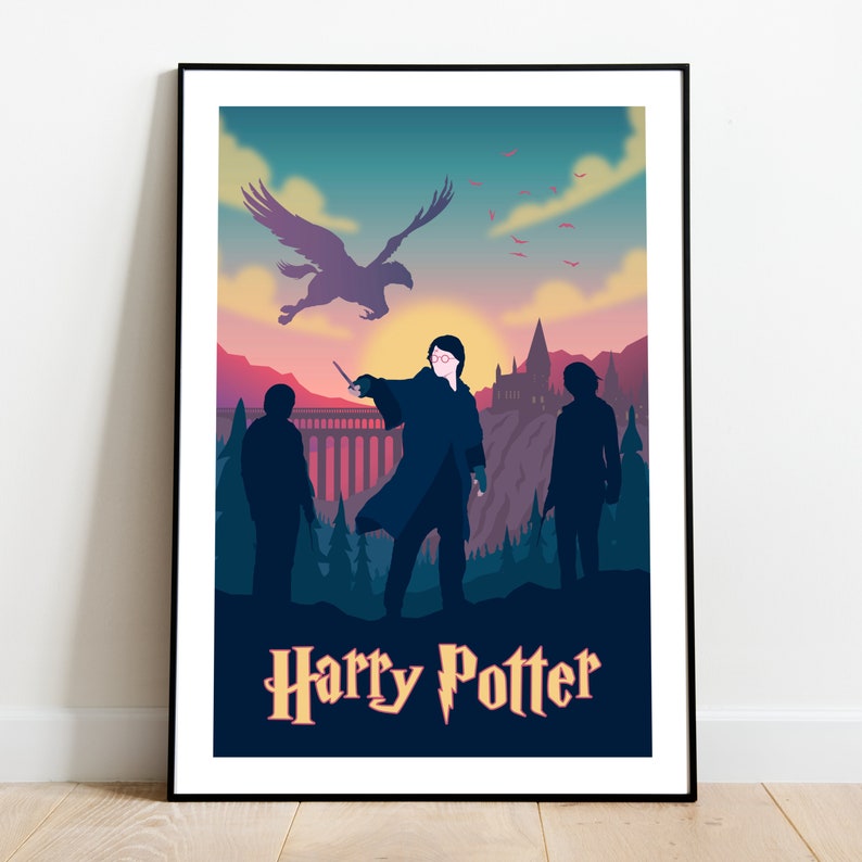 May include: A digital illustration of Harry Potter, Ron Weasley, and Hermione Granger standing in front of Hogwarts castle. The sky is a vibrant pink and blue with a silhouette of a phoenix flying overhead. The text "Harry Potter" is printed in orange at the bottom of the image.